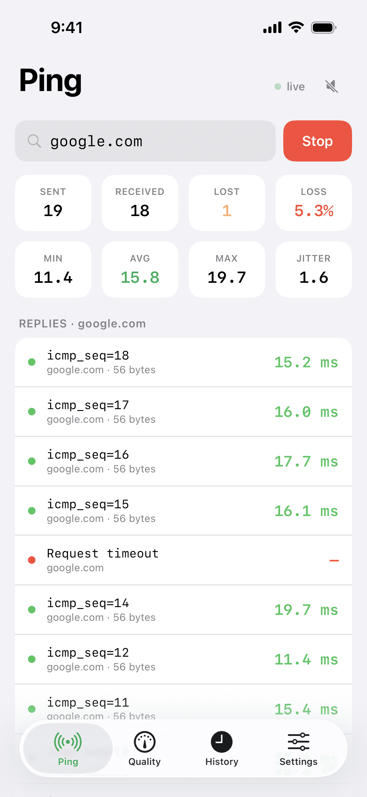 Pingly's Ping screen with live ICMP replies streaming in, a request timeout among them, and the running stats above.