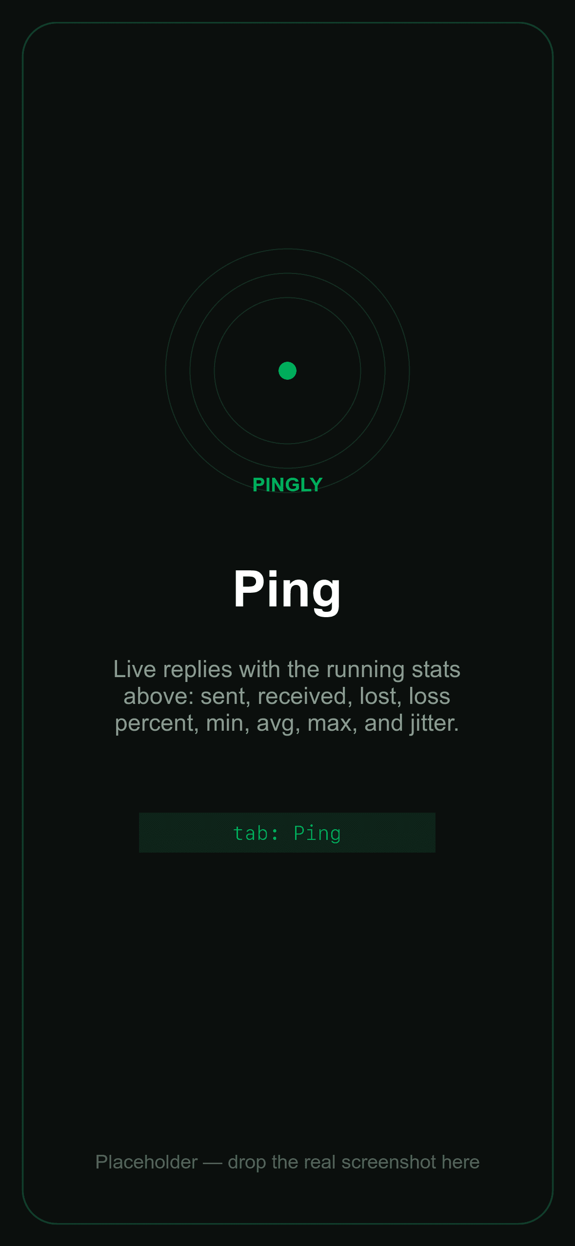 Pingly's Ping screen with live ICMP replies streaming in and the running stats above them.
