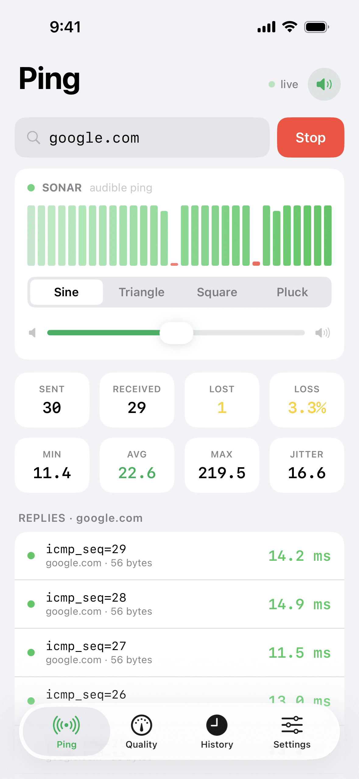 Pingly's Sonar mode: an audible-ping tone-bar visualizer with a Sine, Triangle, Square, or Pluck waveform picker and volume slider.
