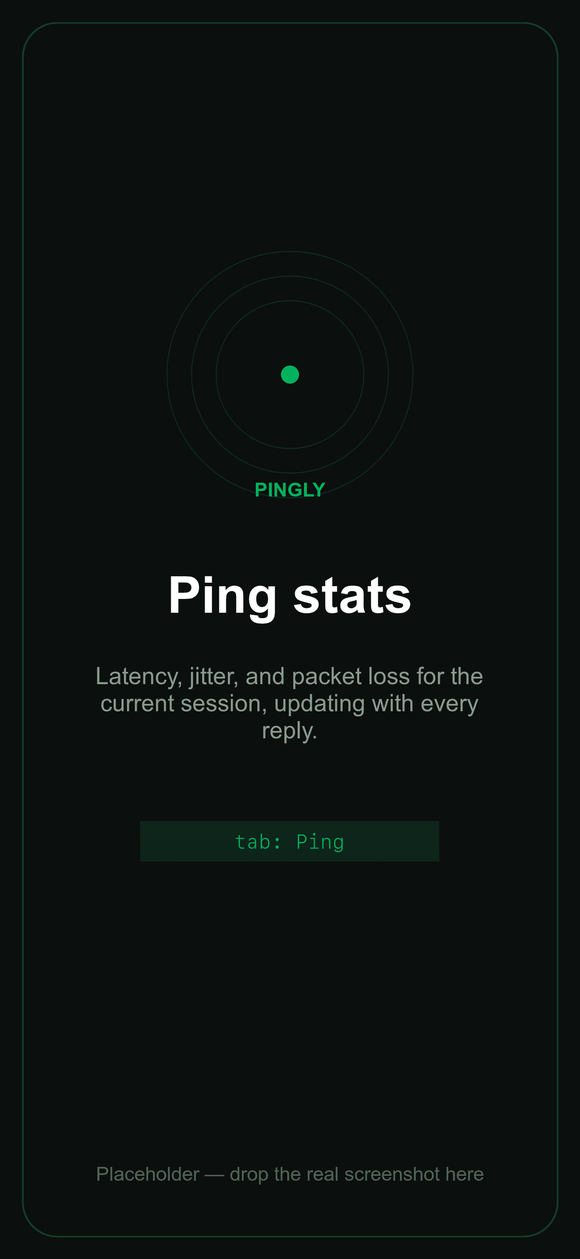 Pingly's Ping screen showing latency, jitter, and packet-loss figures for the current session.
