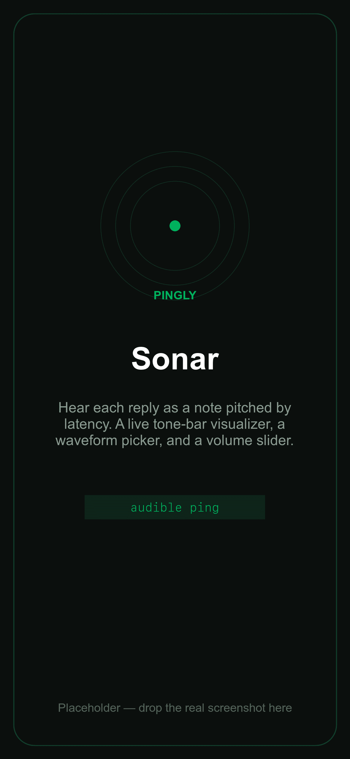 Pingly's Sonar mode: an audible-ping tone-bar visualizer with a waveform picker and volume slider.