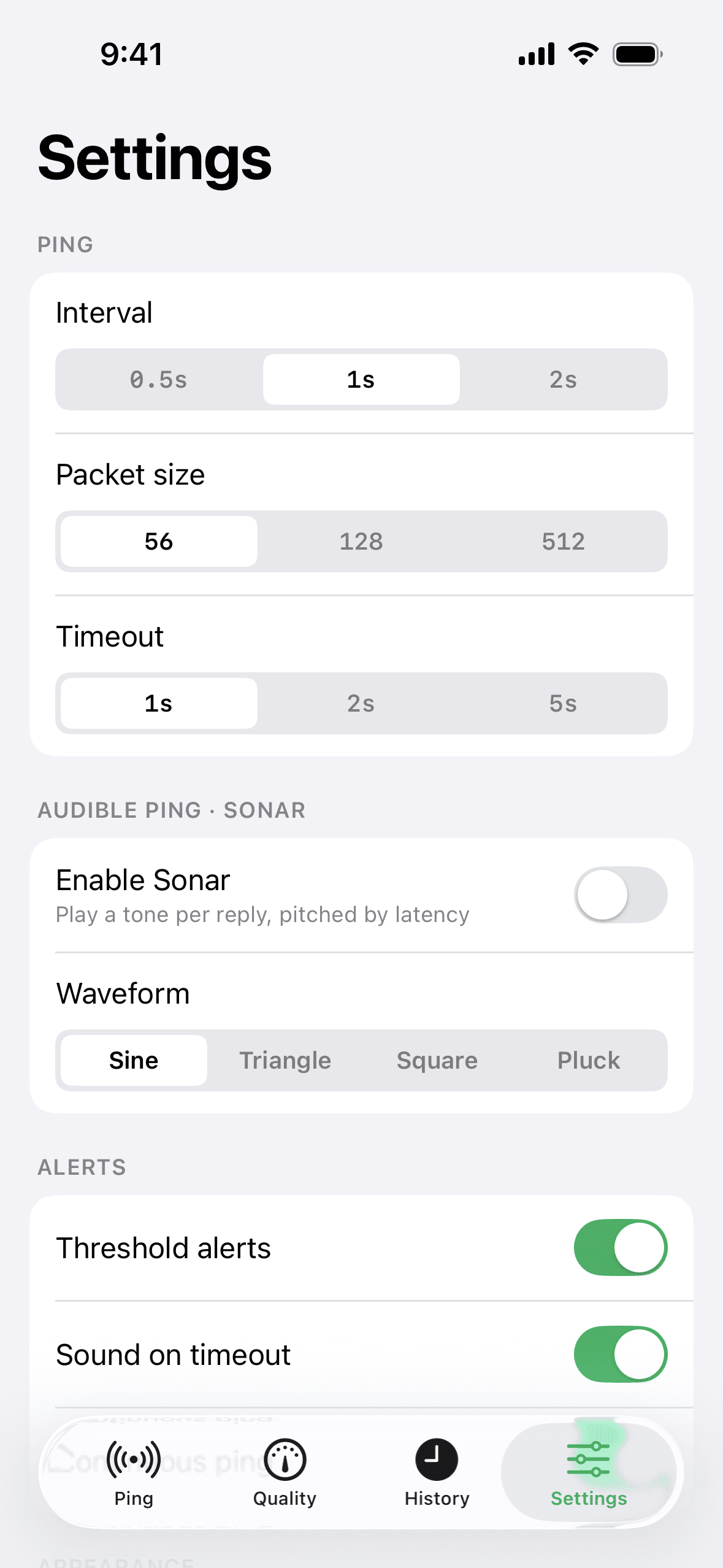 Pingly's Settings screen with controls for ping interval, packet size, timeout, Sonar, and alerts.
