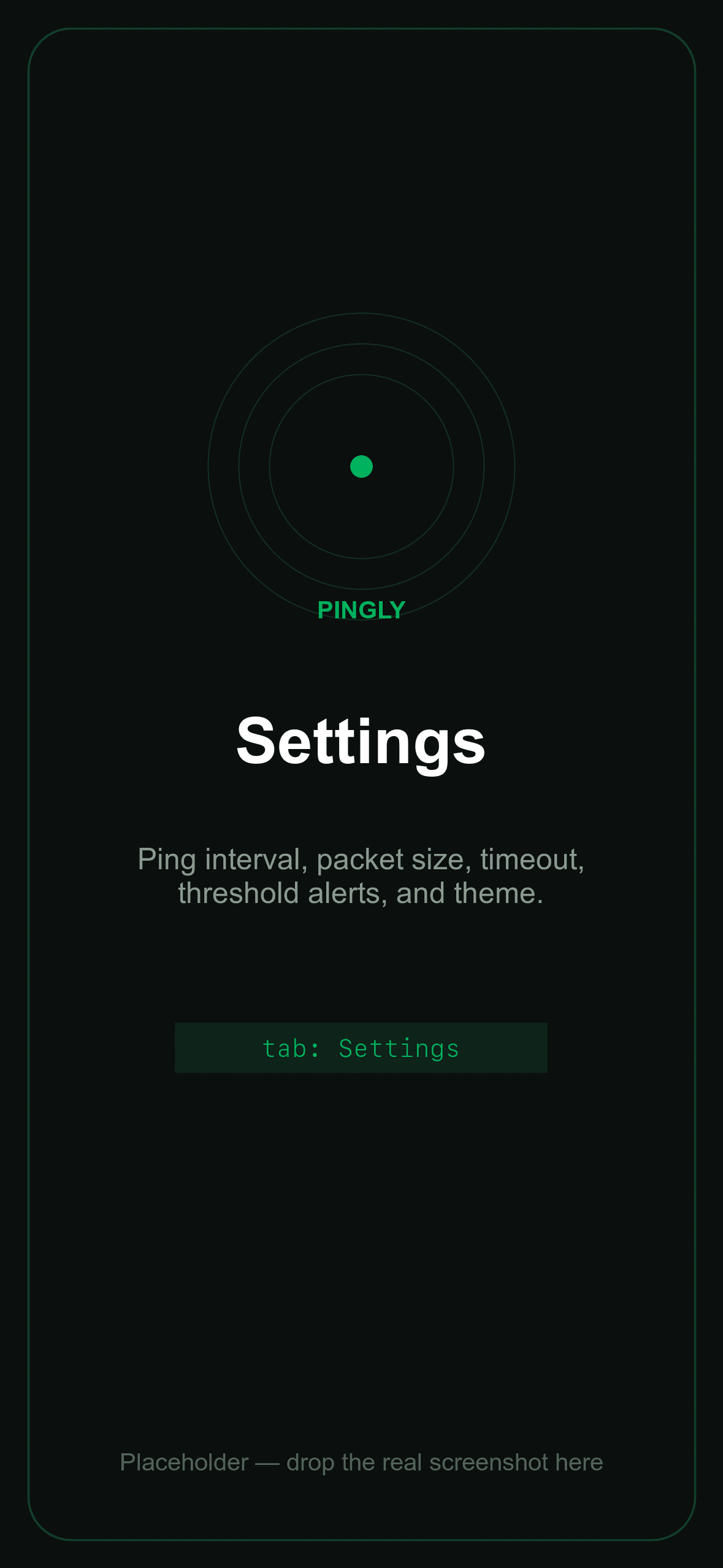 Pingly's Settings screen with controls for interval, packet size, timeout, alerts, and theme.