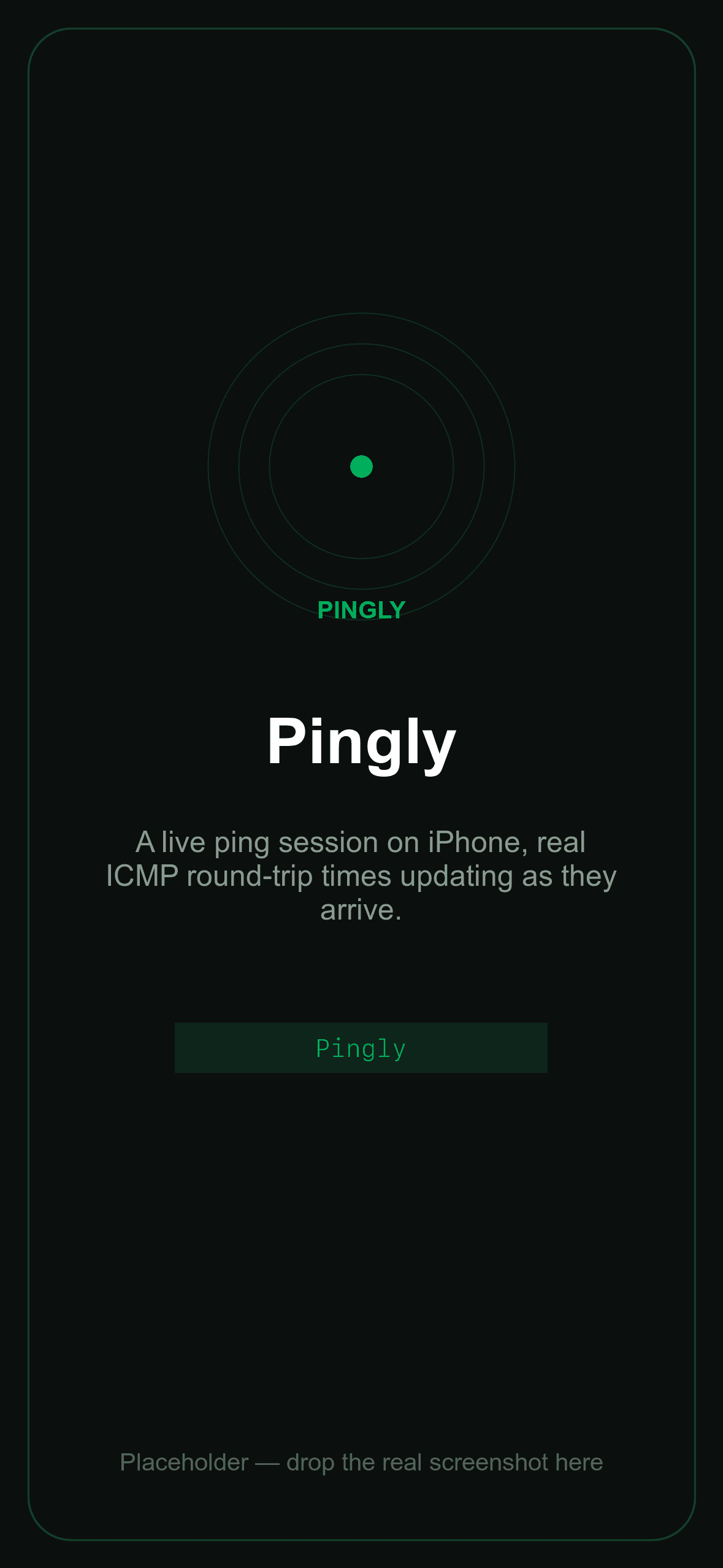 Pingly open on an iPhone, showing a live ping session for a host.